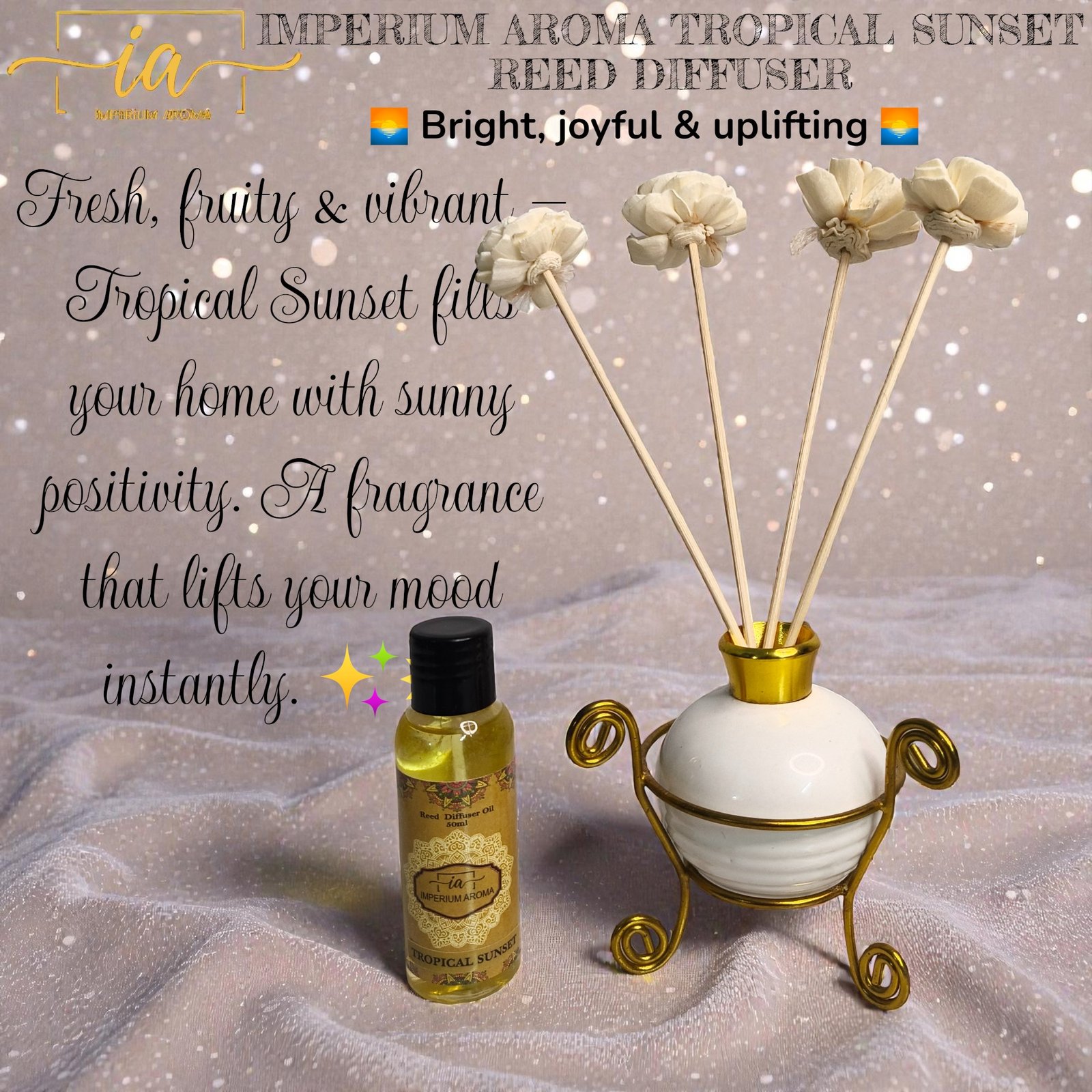Imperium Aroma Tropical Sunset Reed Diffuser Gift Set (Ceramic Pot with Golden Brass Neck) - Image 2