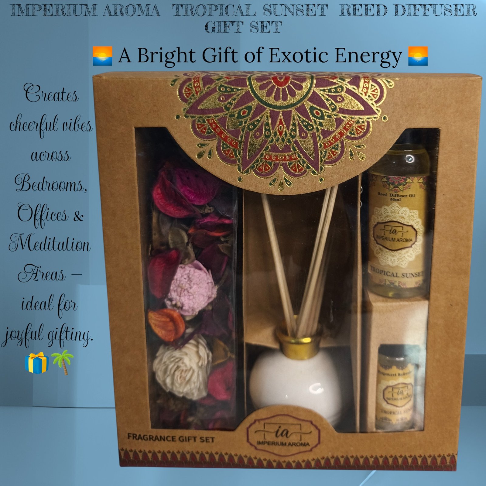 Imperium Aroma Tropical Sunset Reed Diffuser Gift Set (Ceramic Pot with Golden Brass Neck) - Image 5
