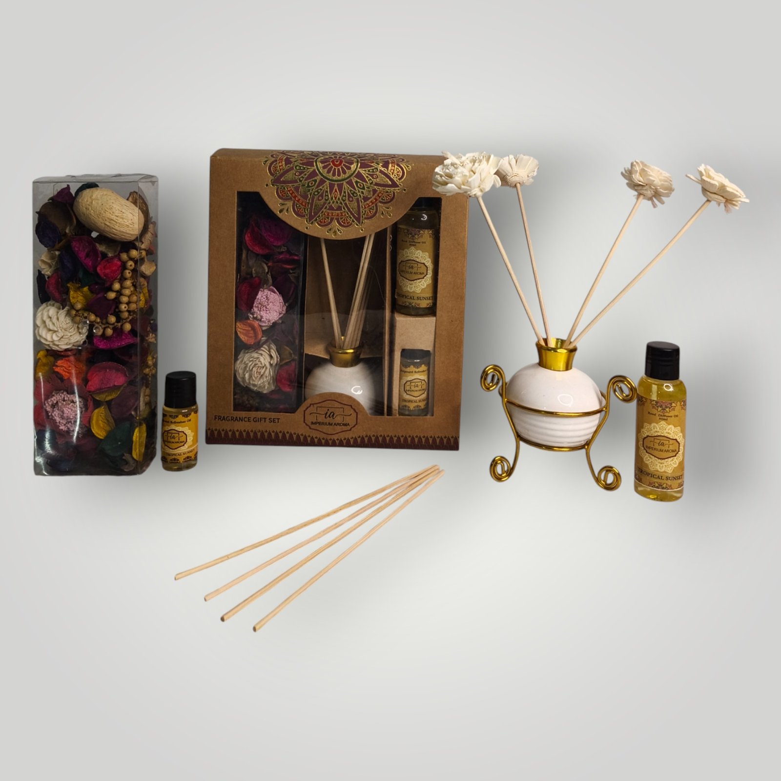 Imperium Aroma Tropical Sunset Reed Diffuser Gift Set (Ceramic Pot with Golden Brass Neck)