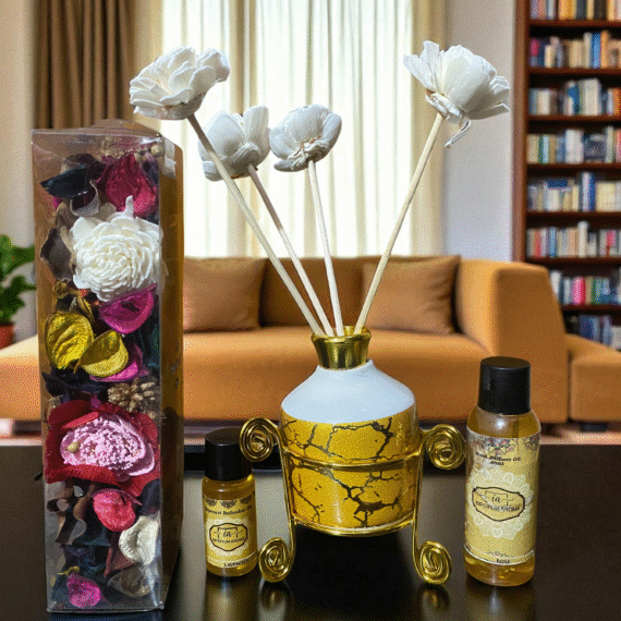 Imperium Aroma Rose Reed Diffuser Gift Set (Ceramic Pot with Golden Brass Neck)
