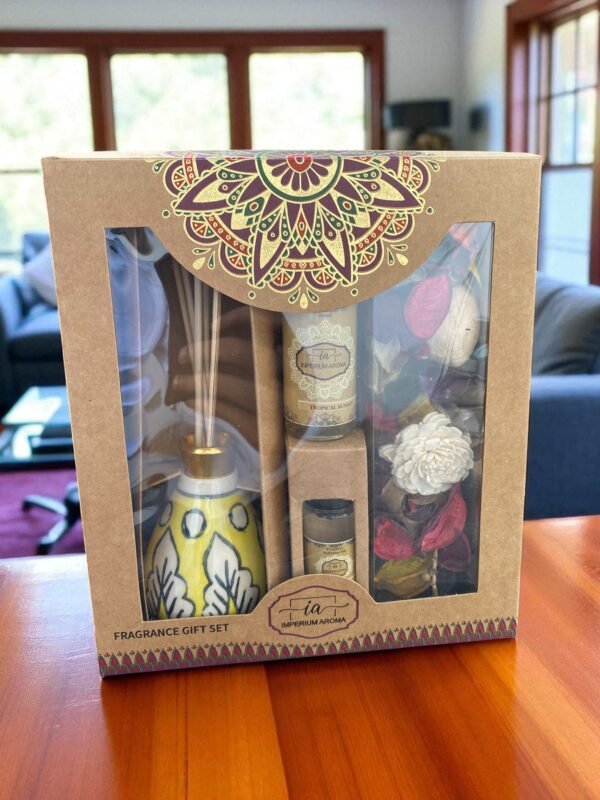 Imperium Aroma Tropical Sunset Reed Diffuser Gift Set (Ceramic Pot with Golden Brass Neck) - Image 5