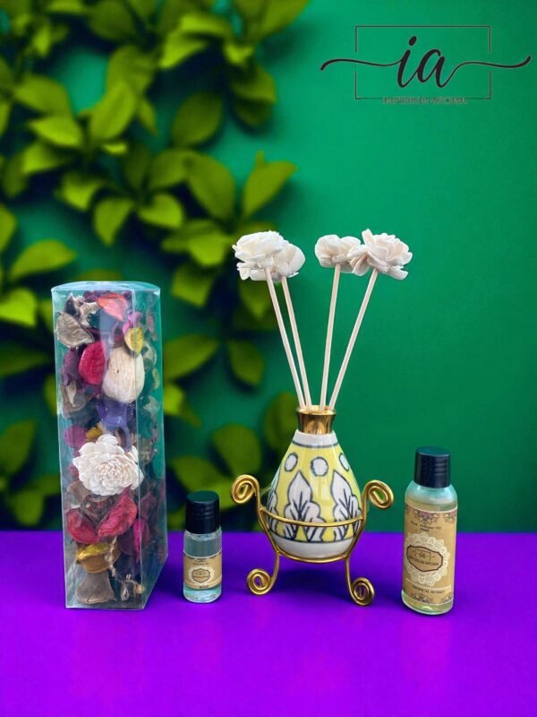 Imperium Aroma Tropical Sunset Reed Diffuser Gift Set (Ceramic Pot with Golden Brass Neck) - Image 2