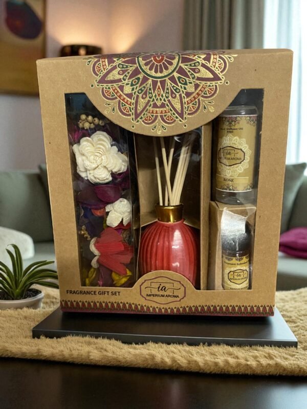 Imperium Aroma Rose Reed Diffuser Gift Set (Ceramic Pot with Golden Brass Neck) - Image 4