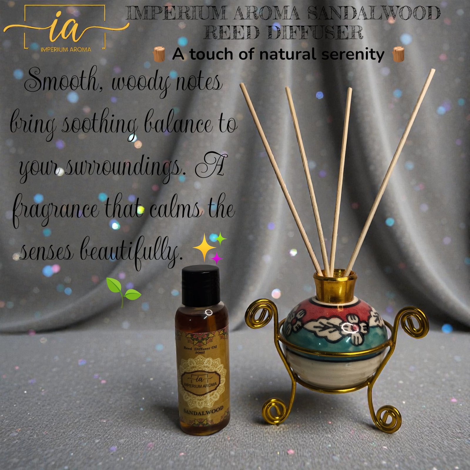 Imperium Aroma Sandalwood Reed Diffuser Set (Ceramic Pot with Golden Brass Neck) - Image 2