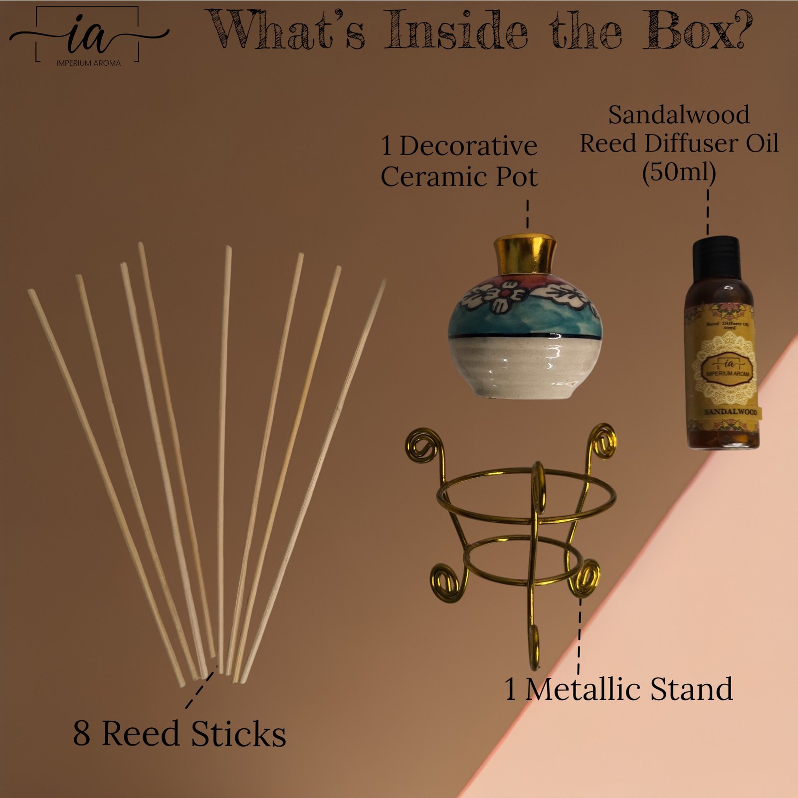 Imperium Aroma Sandalwood Reed Diffuser Set (Ceramic Pot with Golden Brass Neck) - Image 3
