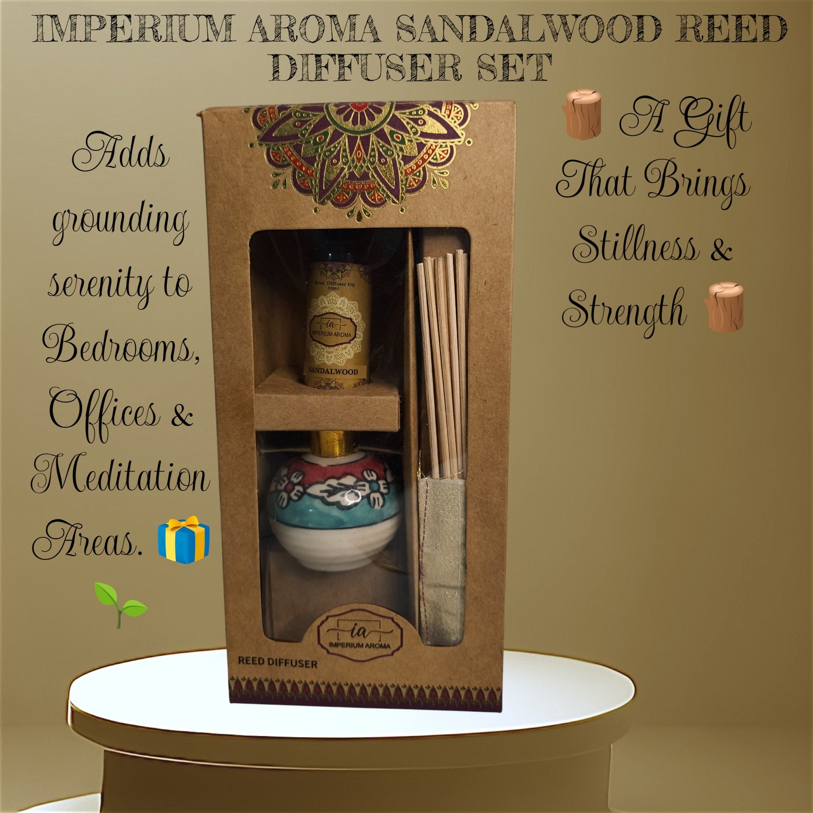 Imperium Aroma Sandalwood Reed Diffuser Set (Ceramic Pot with Golden Brass Neck) - Image 4