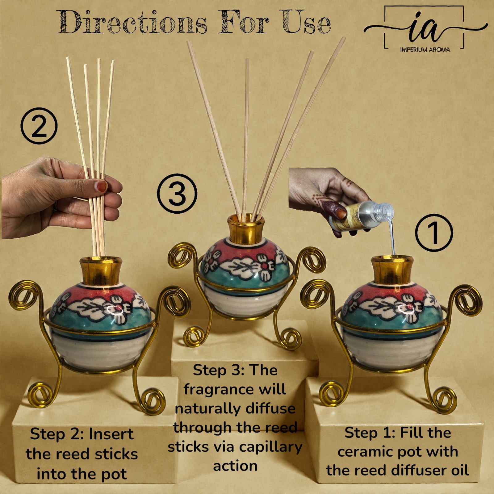 Imperium Aroma Sandalwood Reed Diffuser Set (Ceramic Pot with Golden Brass Neck) - Image 5