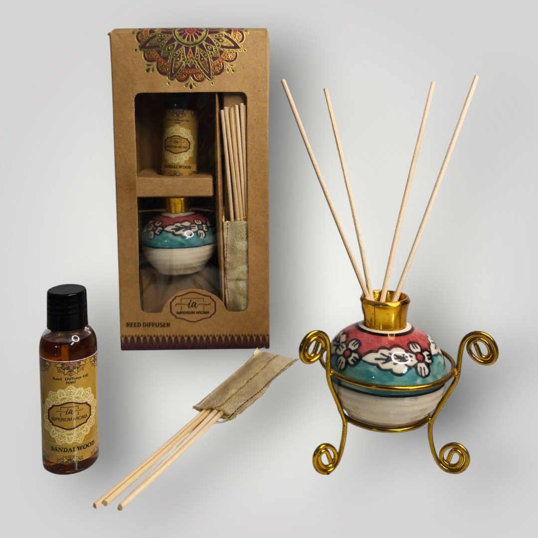 Imperium Aroma Sandalwood Reed Diffuser Set (Ceramic Pot with Golden Brass Neck)