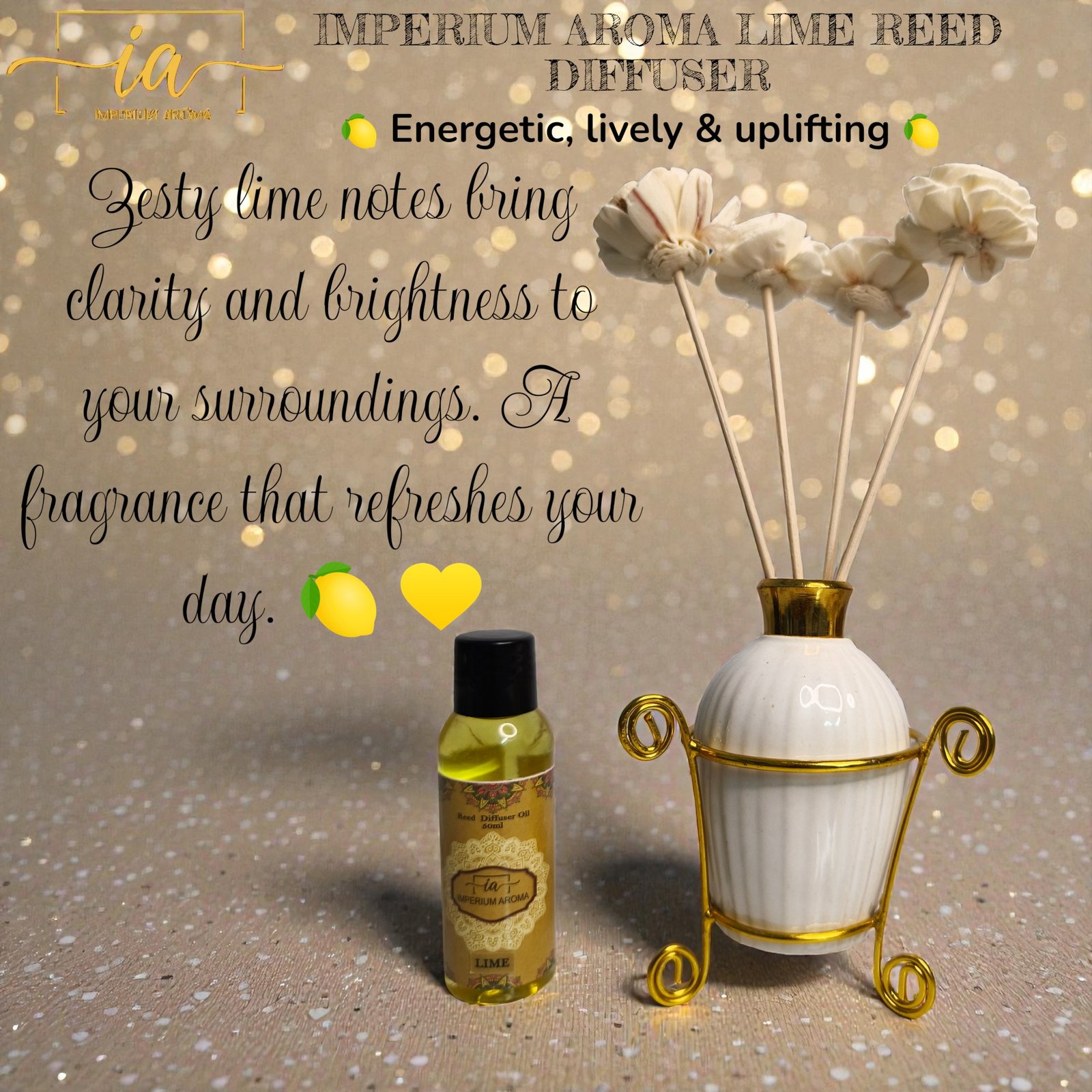 Imperium Aroma Lime Reed Diffuser Set (Ceramic with Golden Brass neck) - Image 2