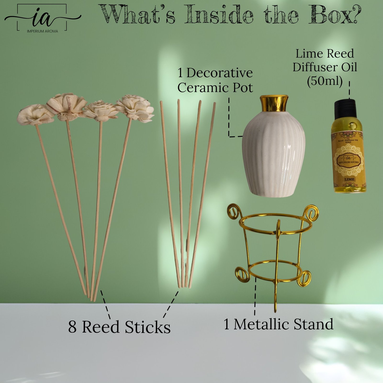 Imperium Aroma Lime Reed Diffuser Set (Ceramic with Golden Brass neck) - Image 4