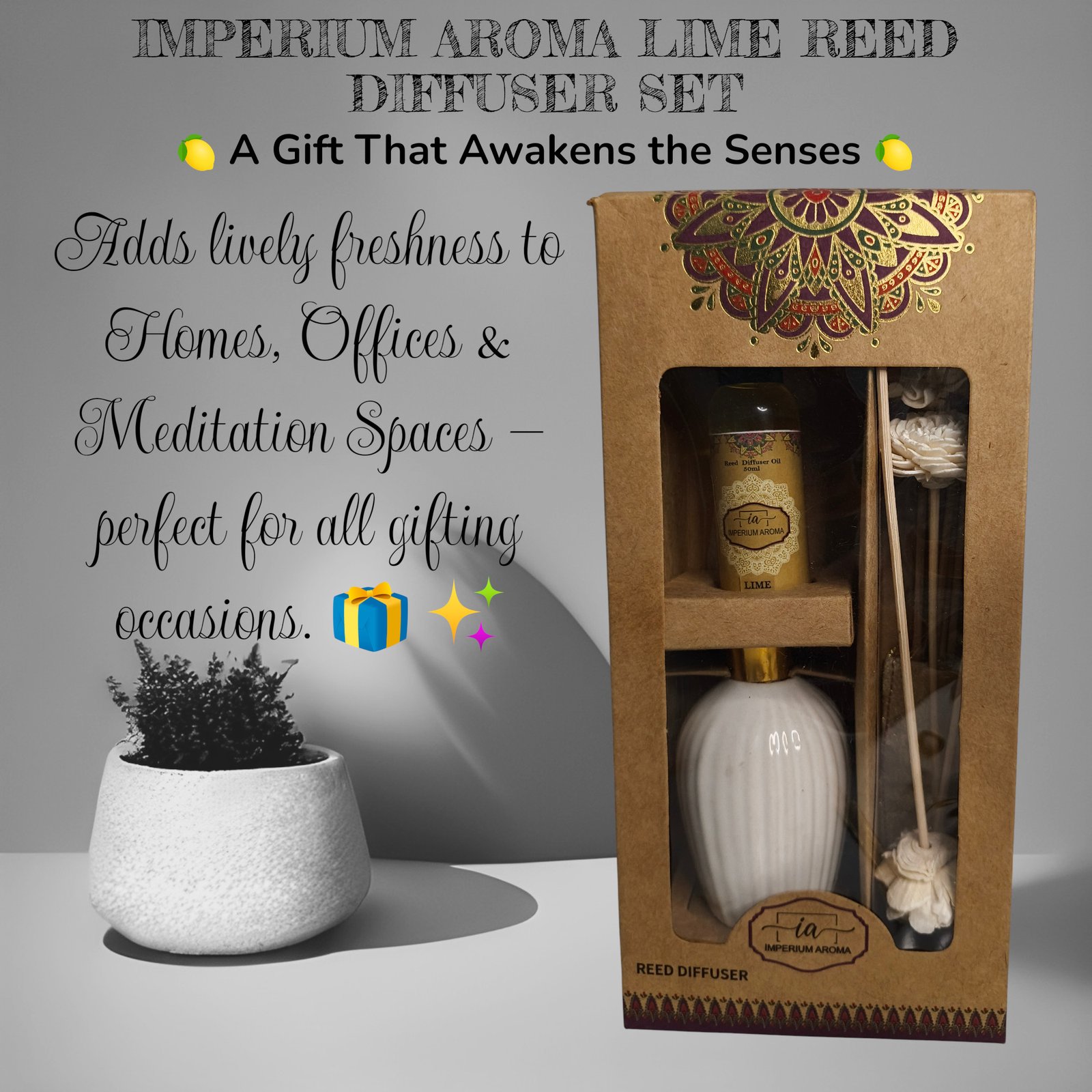 Imperium Aroma Lime Reed Diffuser Set (Ceramic with Golden Brass neck) - Image 5
