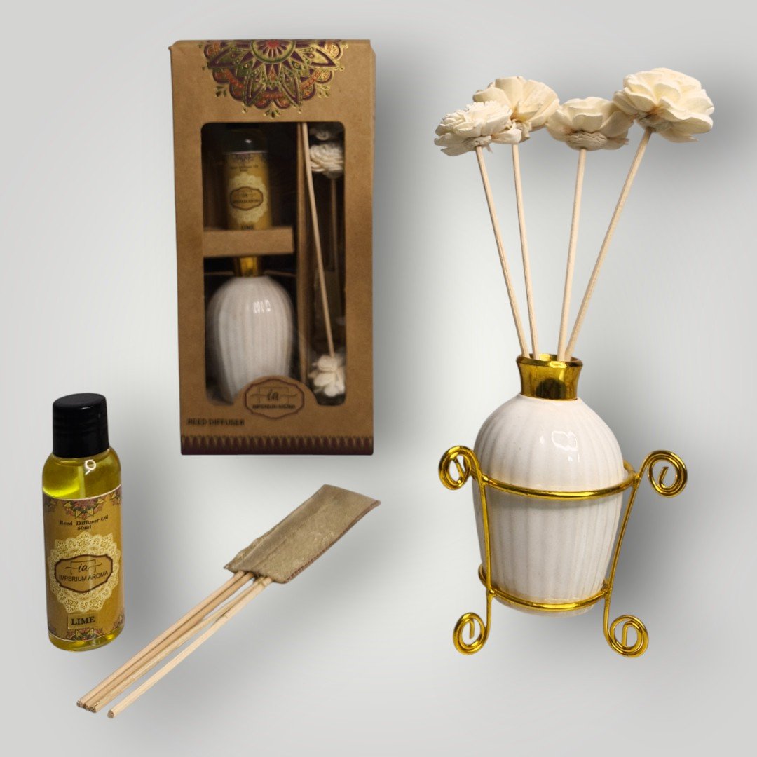 Imperium Aroma Lime Reed Diffuser Set (Ceramic with Golden Brass neck)