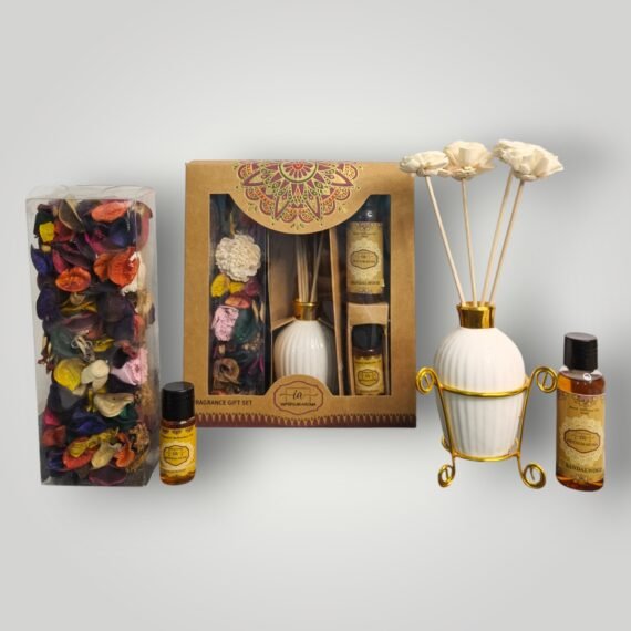 Imperium Aroma Sandalwood Reed Diffuser Gift Set (Ceramic Pot with Golden Brass Neck)