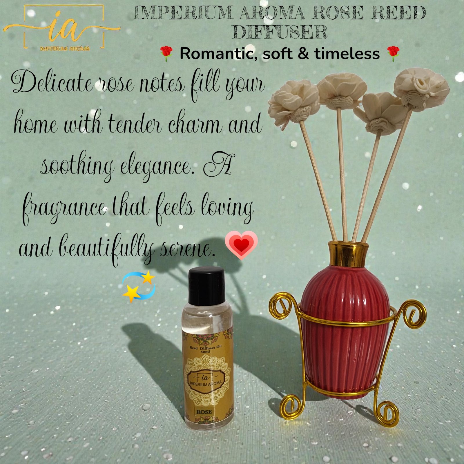 Imperium Aroma Rose Reed Diffuser Set (Ceramic with Golden Brass Neck)