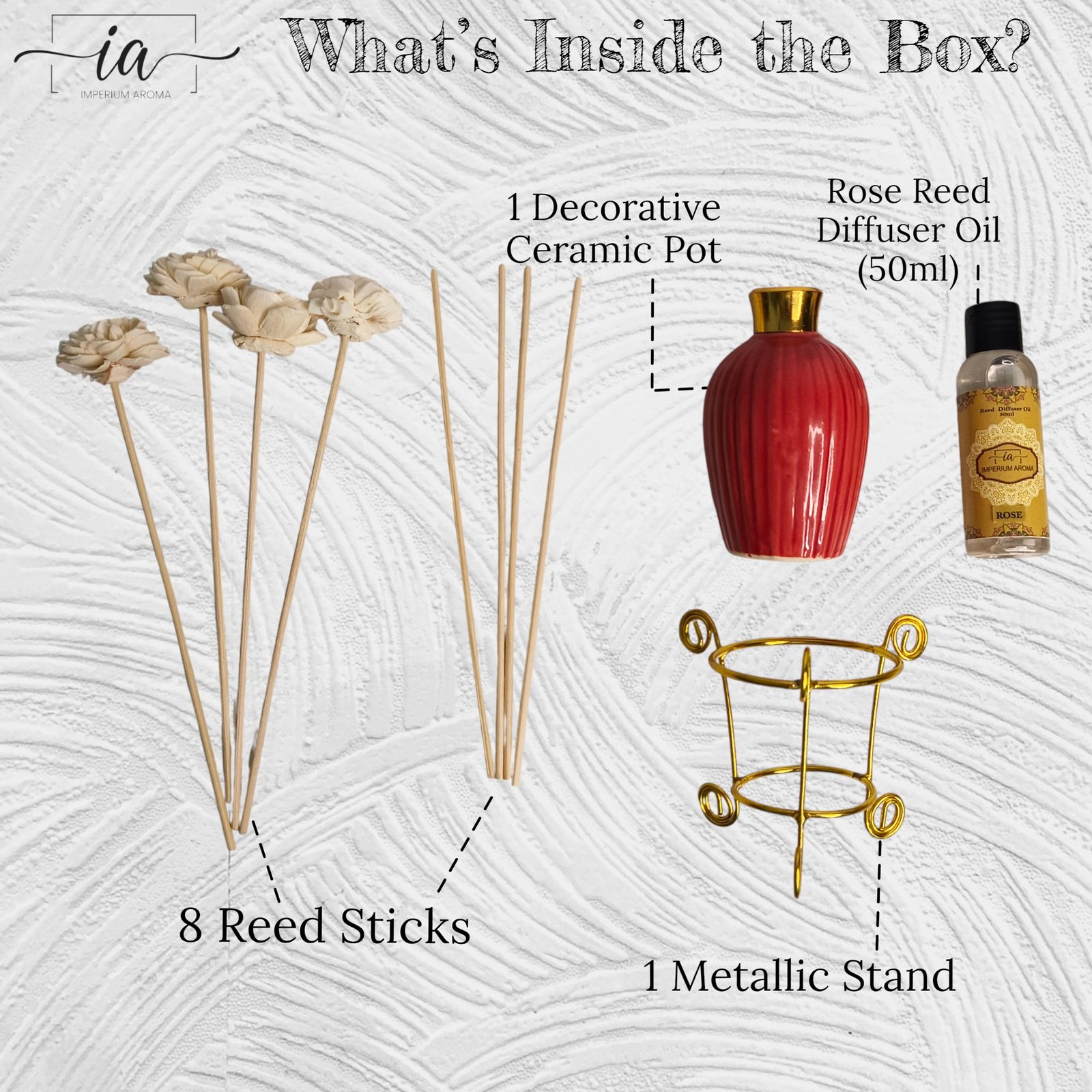 Imperium Aroma Rose Reed Diffuser Set (Ceramic with Golden Brass Neck) - Image 4