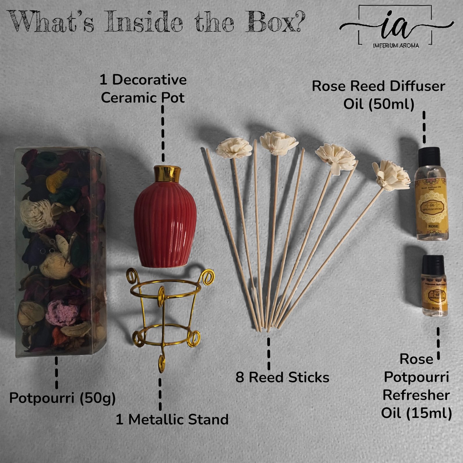 Imperium Aroma Rose Reed Diffuser Gift Set (Ceramic Pot with Golden Brass Neck) - Image 3