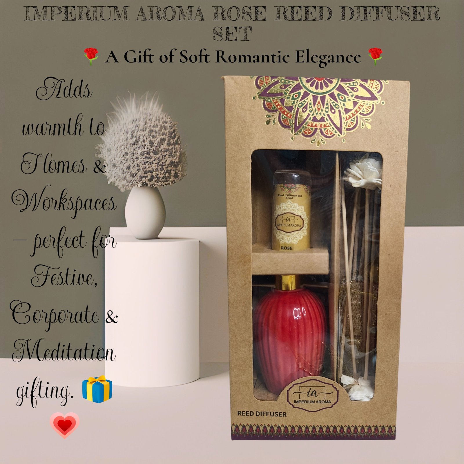 Imperium Aroma Rose Reed Diffuser Set (Ceramic with Golden Brass Neck) - Image 5