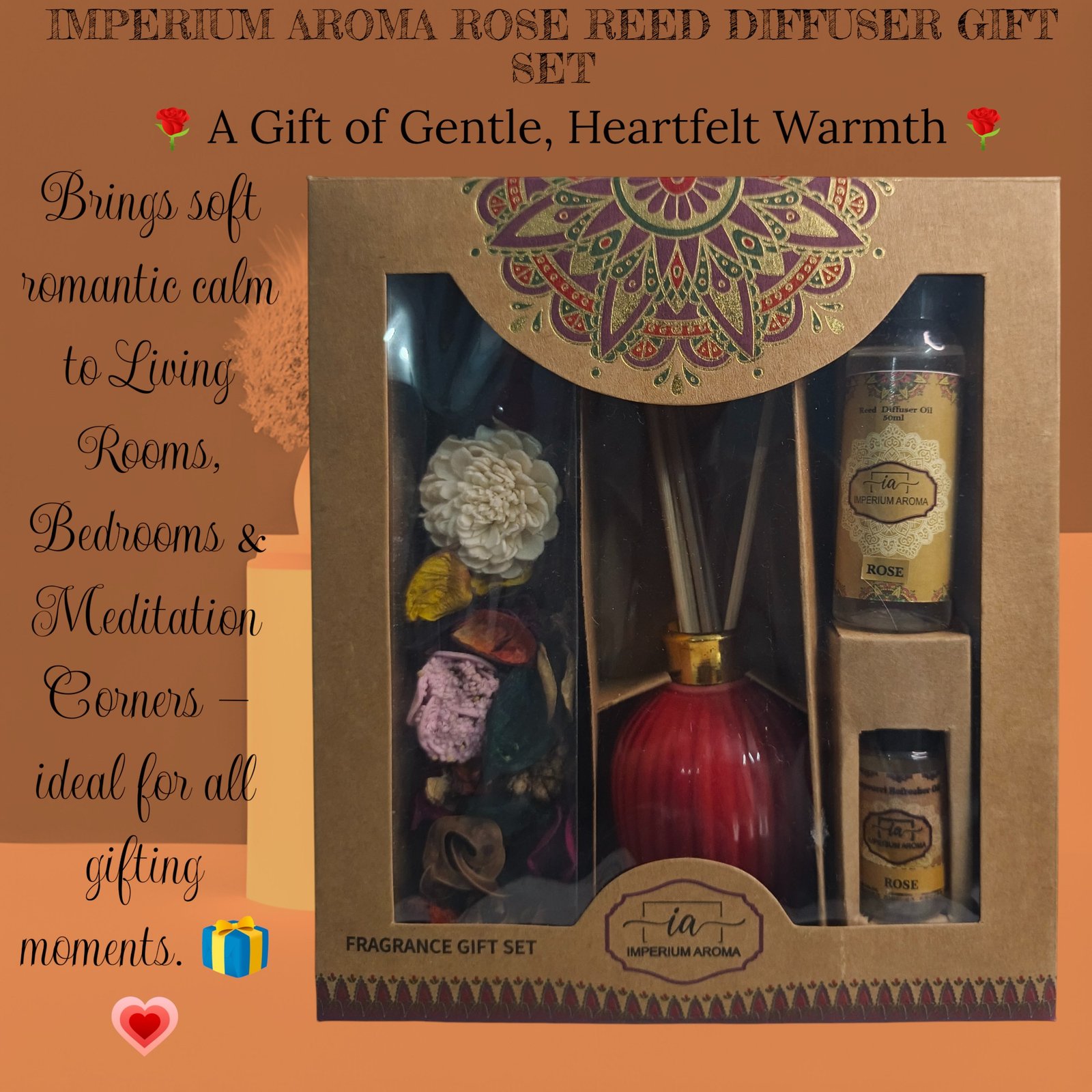 Imperium Aroma Rose Reed Diffuser Gift Set (Ceramic Pot with Golden Brass Neck) - Image 5