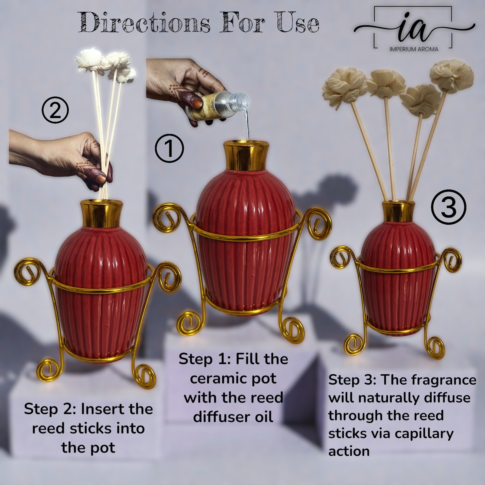 Imperium Aroma Rose Reed Diffuser Set (Ceramic with Golden Brass Neck) - Image 3