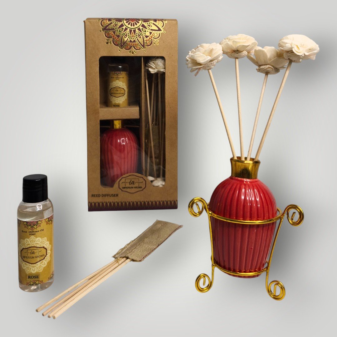 Imperium Aroma Rose Reed Diffuser Set (Ceramic with Golden Brass Neck) - Image 2