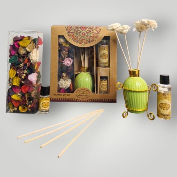 Imperium Aroma Lavender Reed Diffuser Gift Set (Ceramic Pot with Golden Brass Neck)