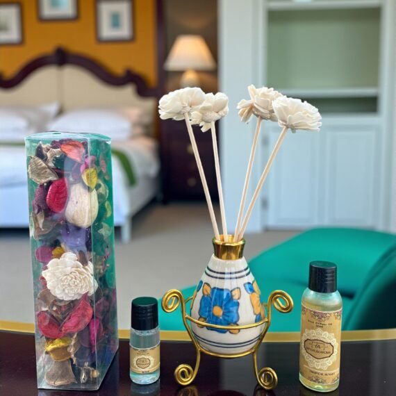 Imperium Aroma Tropical Sunset Reed Diffuser Gift Set (Ceramic Pot with Golden Brass Neck)