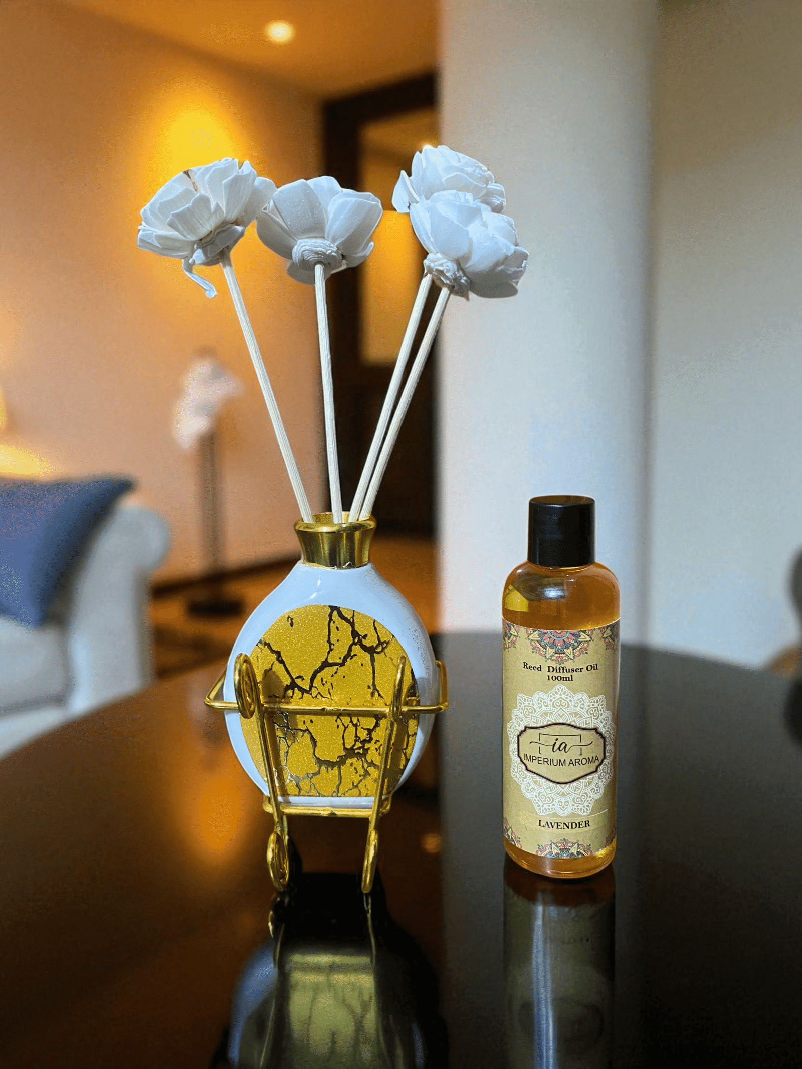 Imperium Aroma Lavender Reed Diffuser Set (Ceramic with Golden Brass Neck)