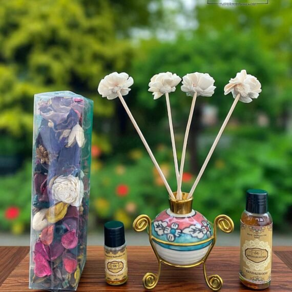 Imperium Aroma Sandalwood Reed Diffuser Gift Set (Ceramic Pot with Golden Brass Neck)