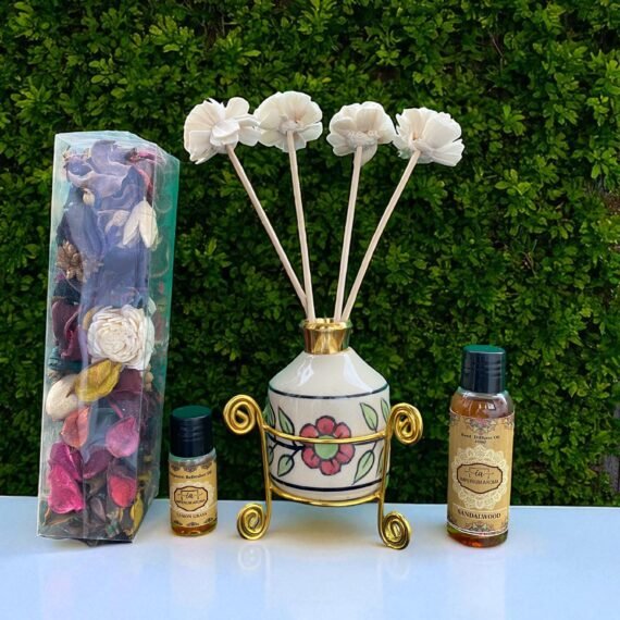 Imperium Aroma Sandalwood Reed Diffuser Gift Set (Ceramic Pot with Golden Brass Neck)