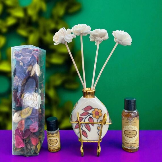 Imperium Aroma Sandalwood Reed Diffuser Gift Set (Ceramic Pot with Golden Brass Neck)