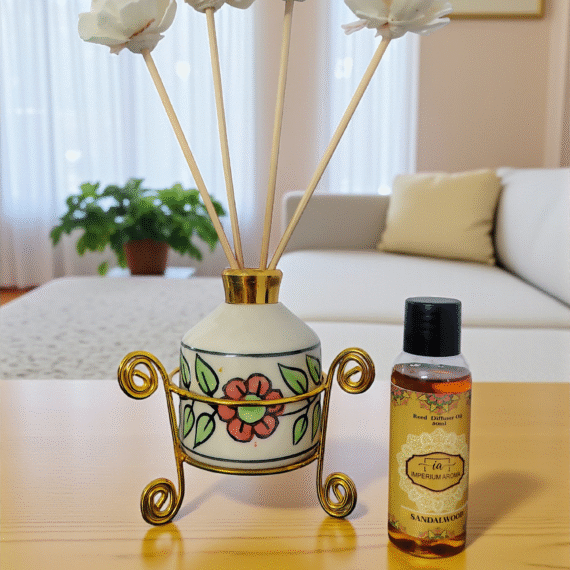 Imperium Aroma Sandalwood Reed Diffuser Set (Ceramic Pot with Golden Brass Neck)