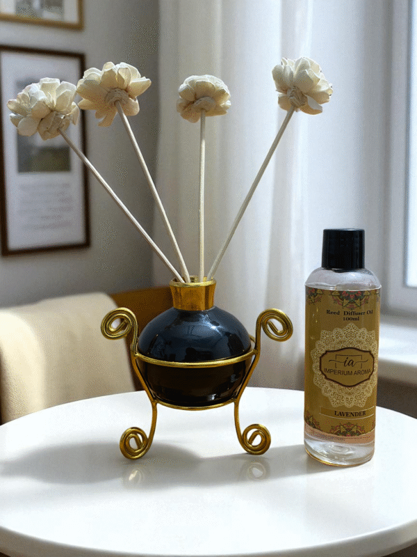 Imperium Aroma Lavender Reed Diffuser Set (Ceramic Pot with Golden Brass Neck)