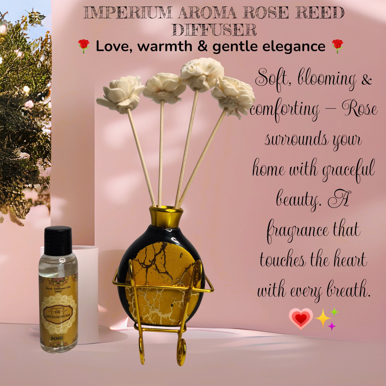 Imperium Aroma Rose Reed Diffuser Gift Set (Ceramic Pot with Golden Brass Neck) - Image 2