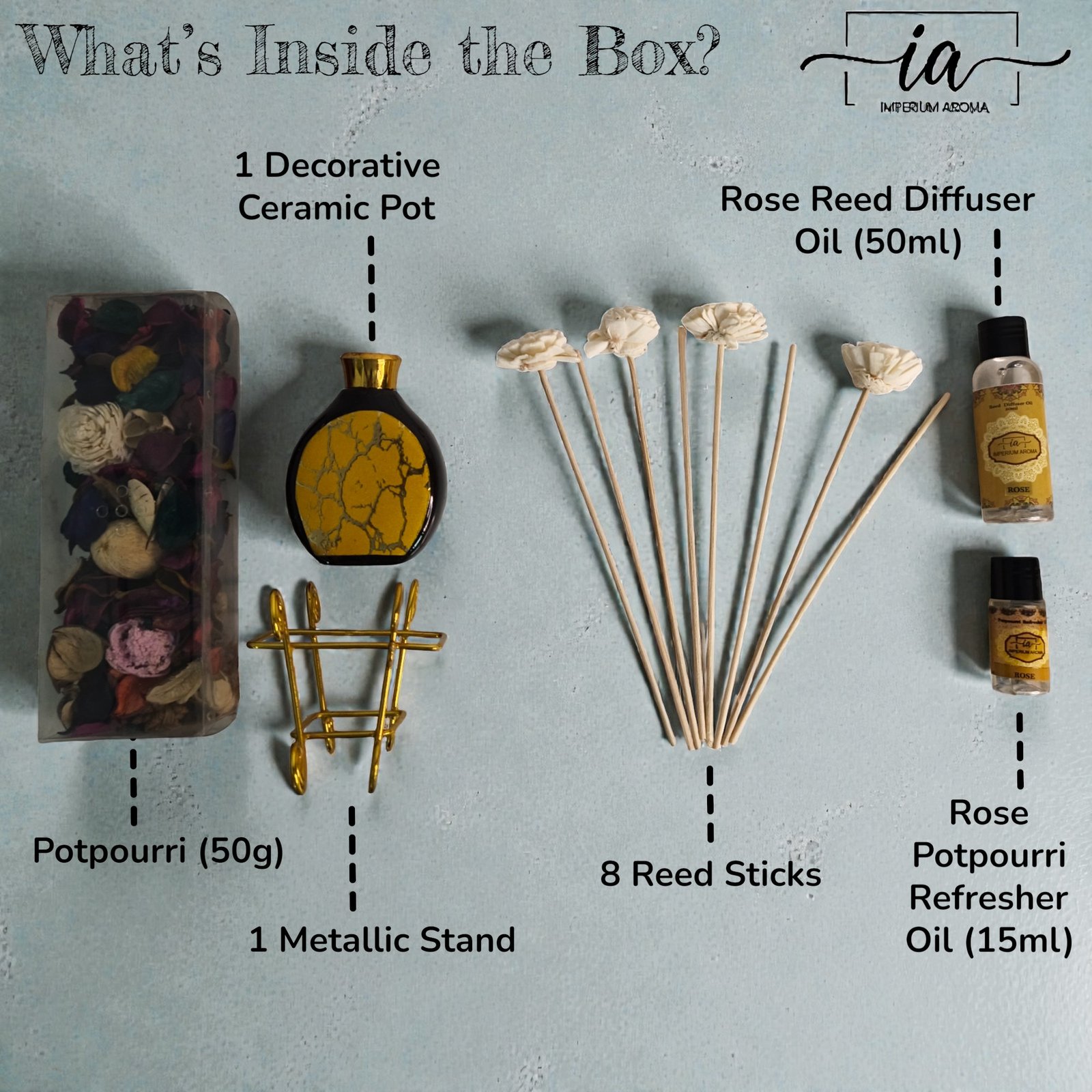 Imperium Aroma Rose Reed Diffuser Gift Set (Ceramic Pot with Golden Brass Neck) - Image 3