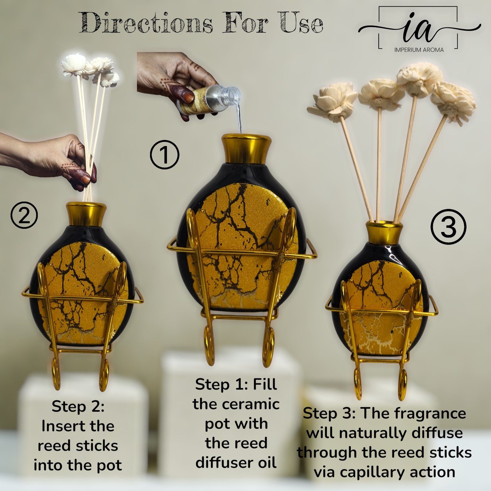 Imperium Aroma Rose Reed Diffuser Gift Set (Ceramic Pot with Golden Brass Neck) - Image 4