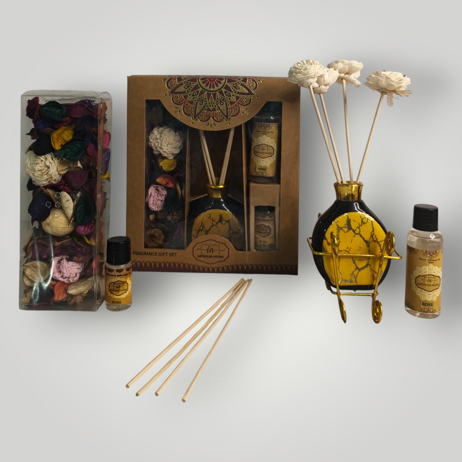 Imperium Aroma Rose Reed Diffuser Gift Set (Ceramic Pot with Golden Brass Neck)