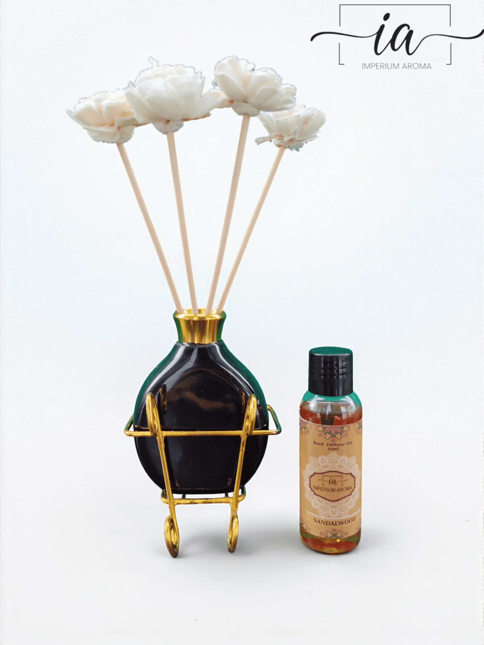 Imperium Aroma Sandalwood Reed Diffuser Set (Ceramic with Golden Brass Neck) - Image 2