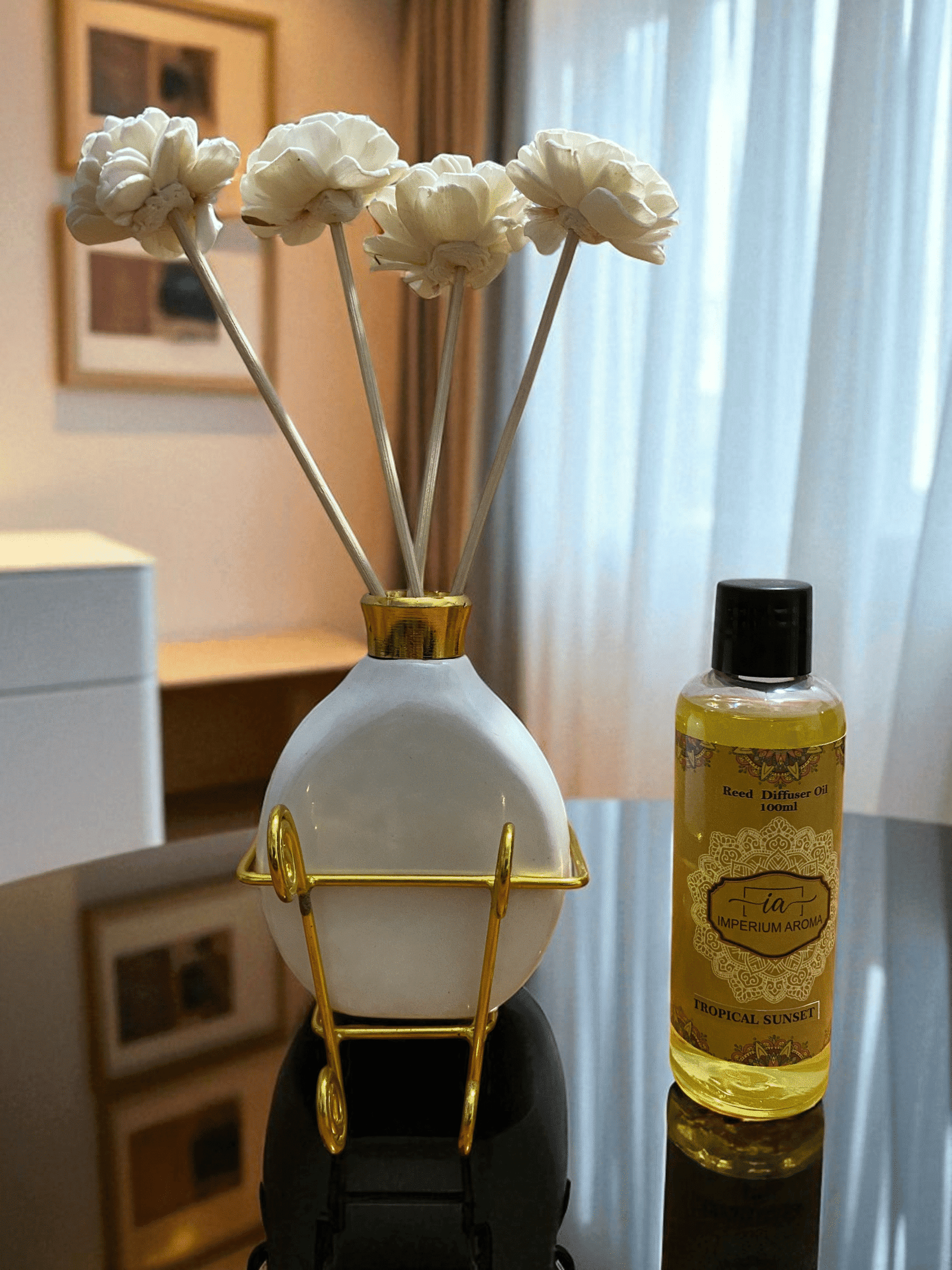 Imperium Aroma Tropical Sunset Reed Diffuser Set (Ceramic with Golden Brass Neck)