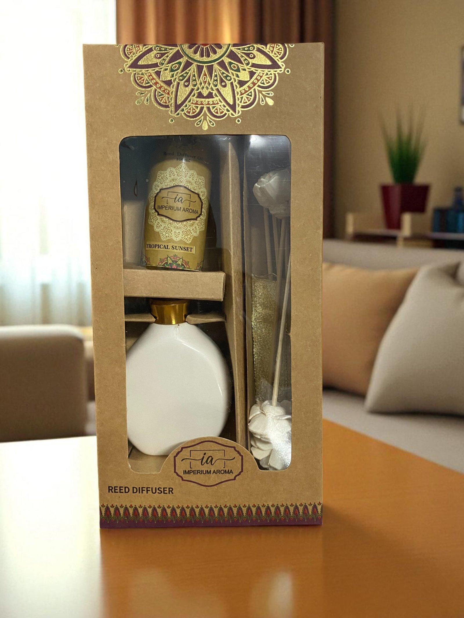 Imperium Aroma Tropical Sunset Reed Diffuser Set (Ceramic with Golden Brass Neck) - Image 4