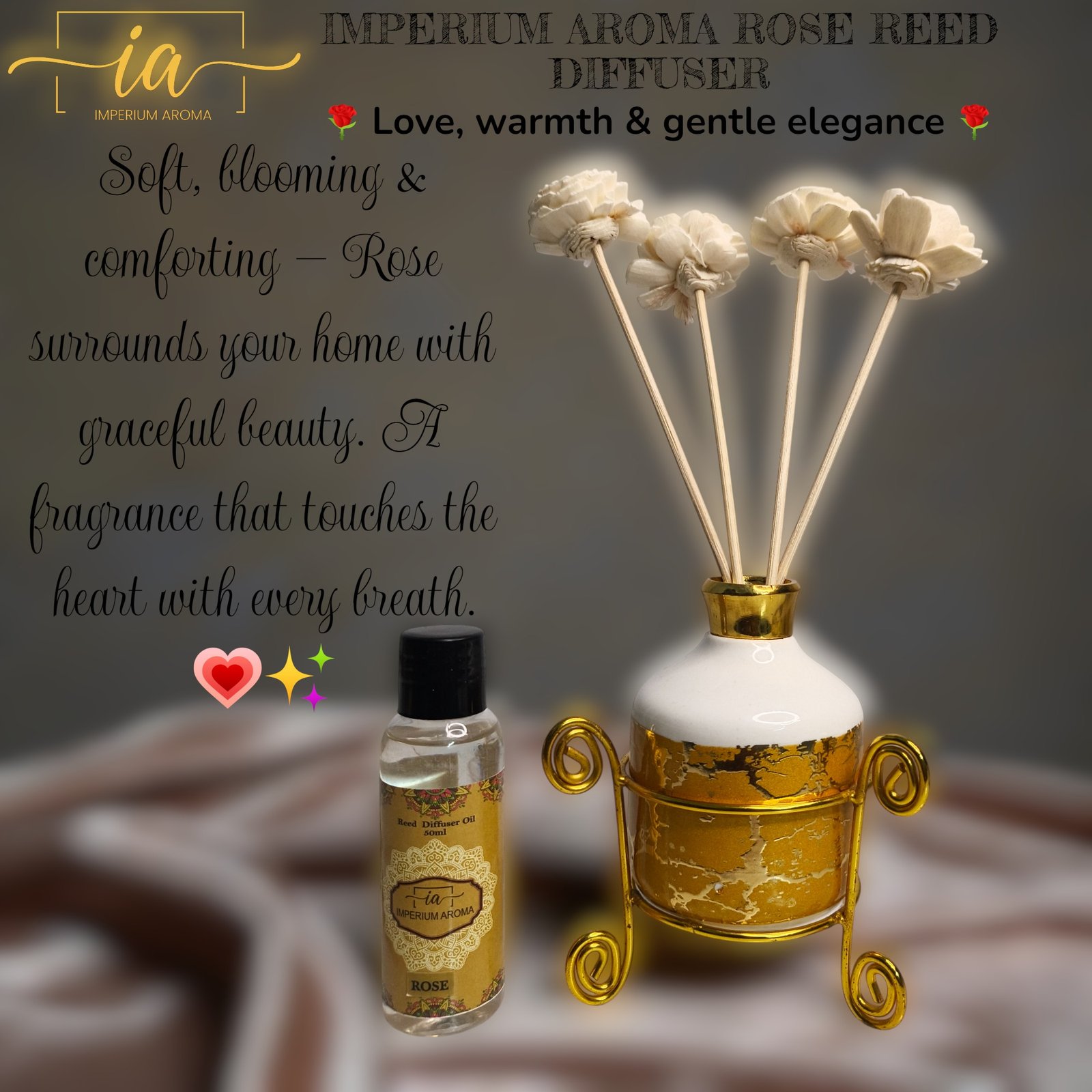 Imperium Aroma Rose Reed Diffuser Gift Set (Ceramic Pot with Golden Brass Neck) - Image 3