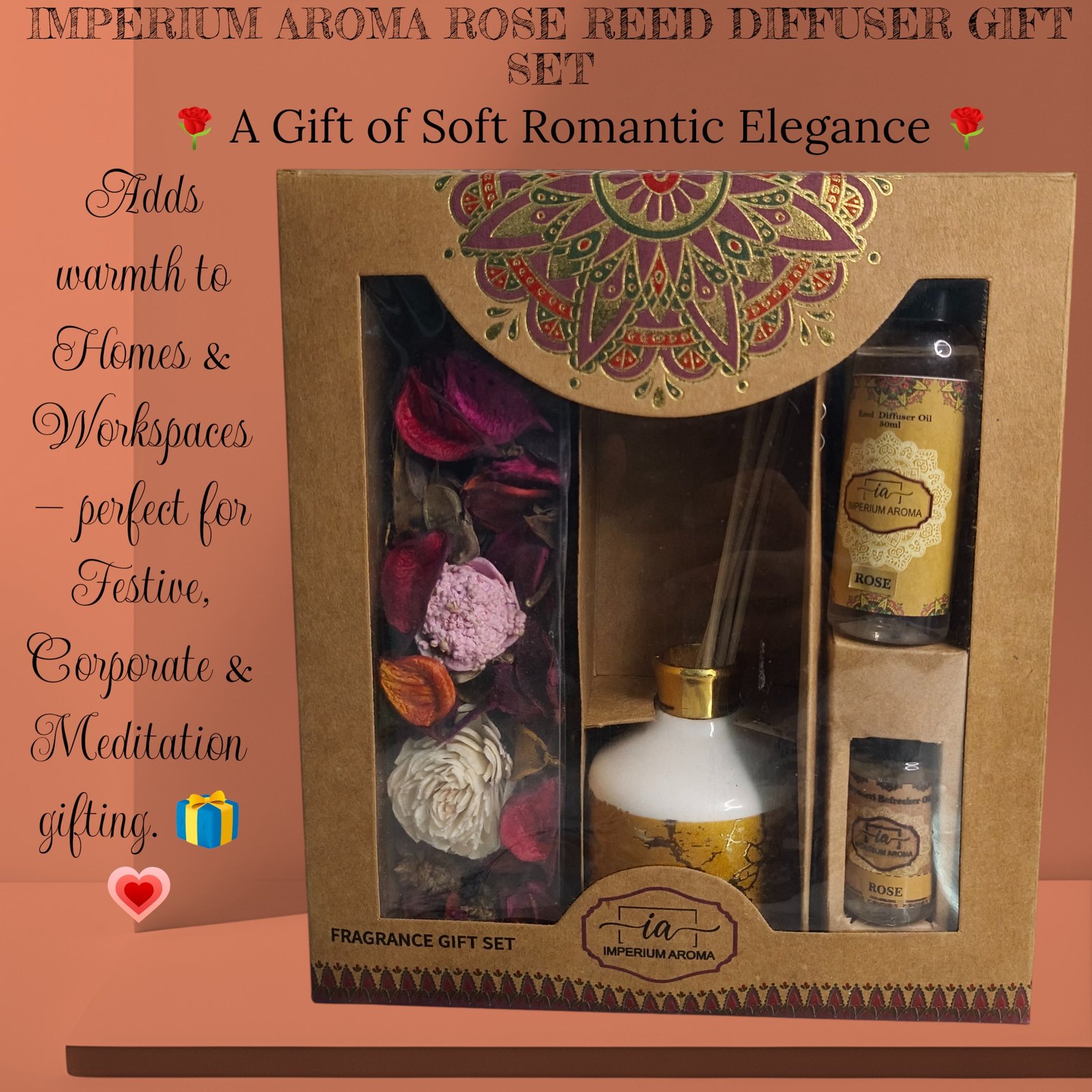 Imperium Aroma Rose Reed Diffuser Gift Set (Ceramic Pot with Golden Brass Neck) - Image 5