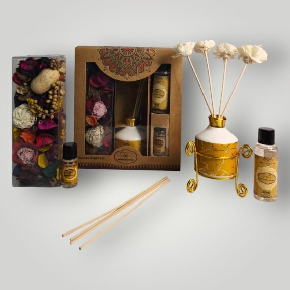 Imperium Aroma Rose Reed Diffuser Gift Set (Ceramic Pot with Golden Brass Neck)