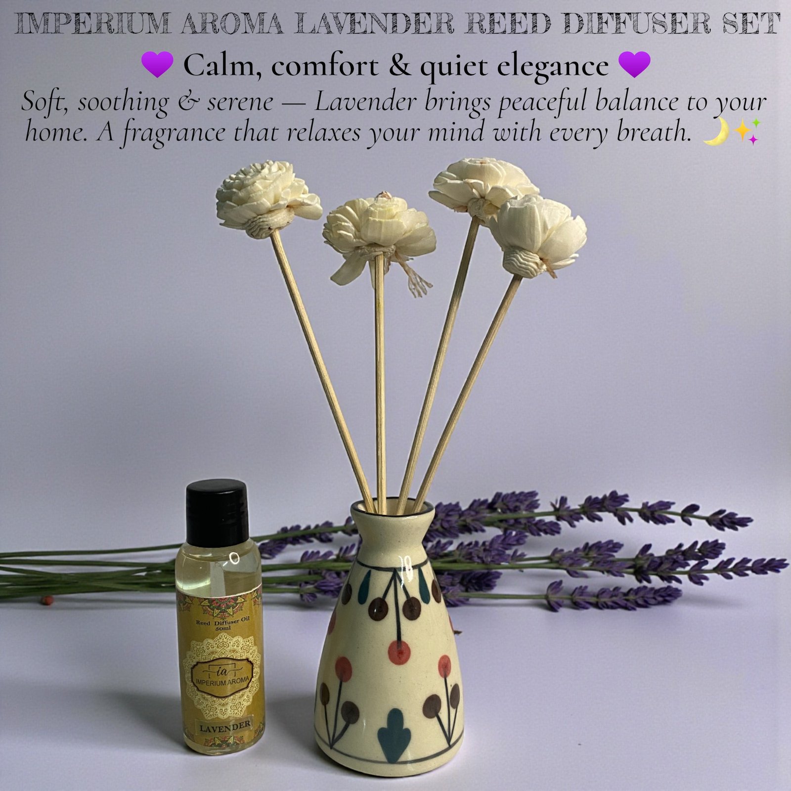 Imperium Aroma Lavender Reed Diffuser Set (Hand Painted)