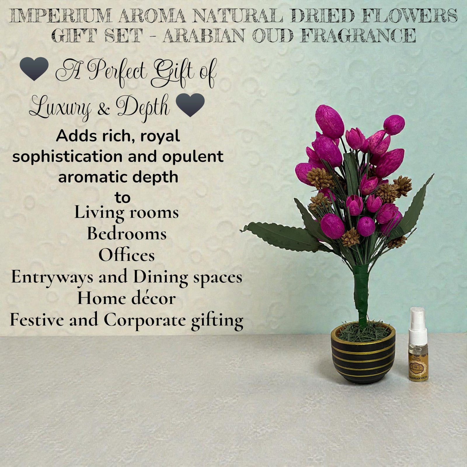 Imperium Aroma Handmade Natural Dried Flower Bouquet with Vase & 15 ml Arabian Oud Fragrance Spray - Image 3