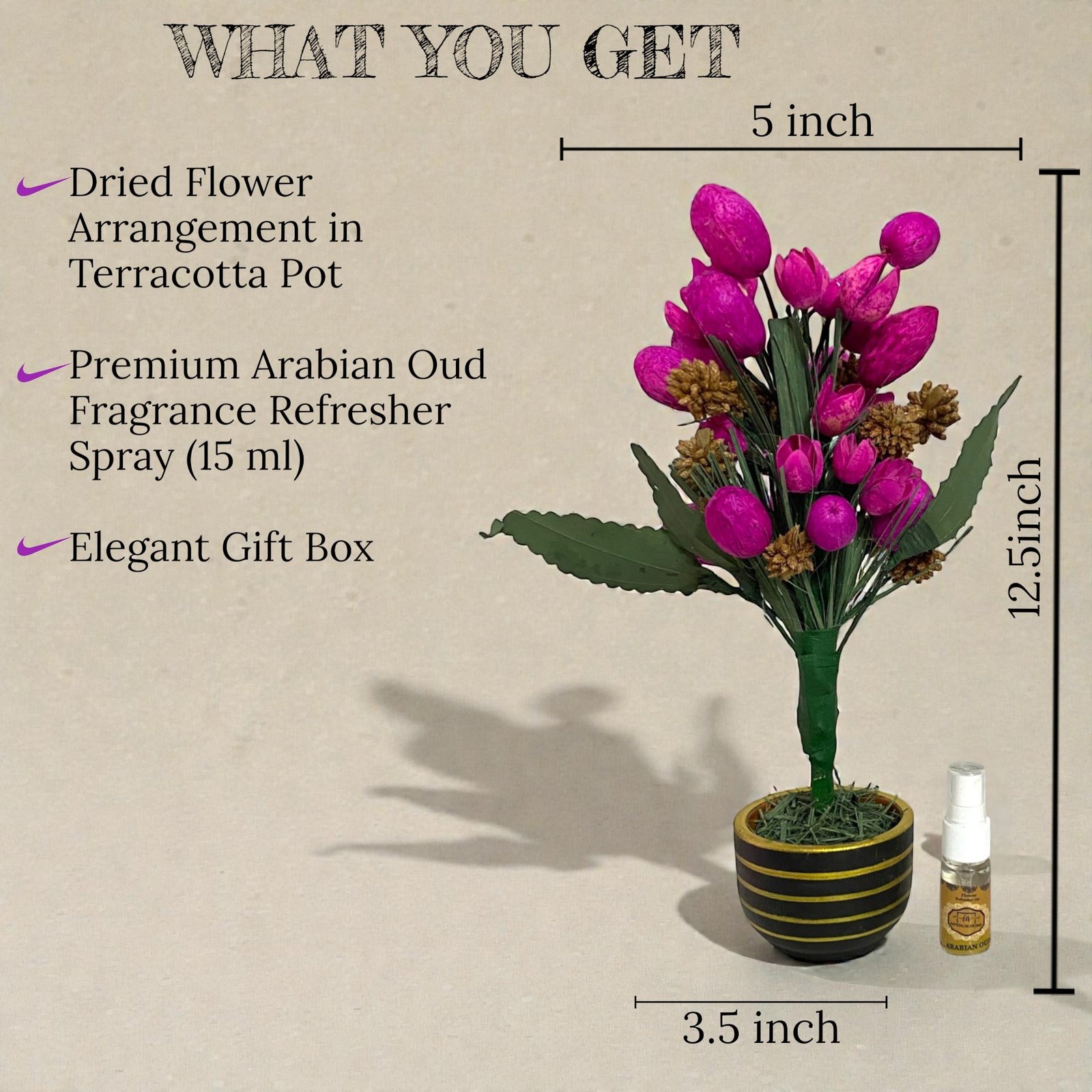 Imperium Aroma Handmade Natural Dried Flower Bouquet with Vase & 15 ml Arabian Oud Fragrance Spray - Image 2