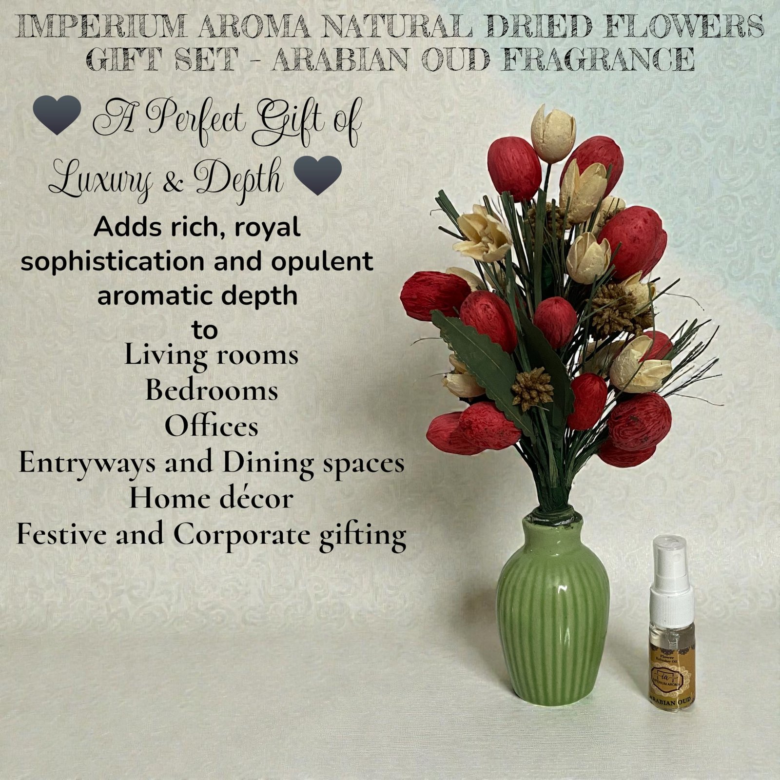 Imperium Aroma Handmade Natural Dried Flower Bouquet with Vase & 15 ml Arabian oud Fragrance Spray - Image 2