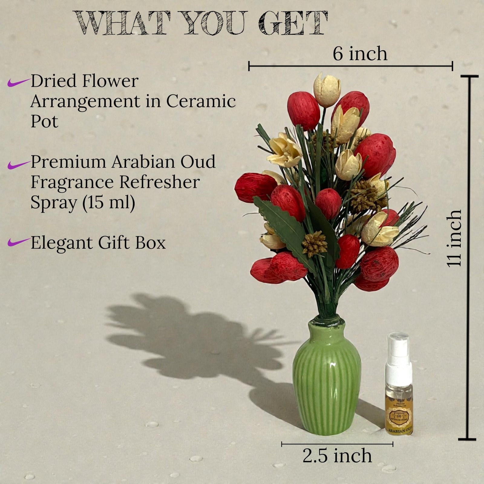 Imperium Aroma Handmade Natural Dried Flower Bouquet with Vase & 15 ml Arabian oud Fragrance Spray - Image 3