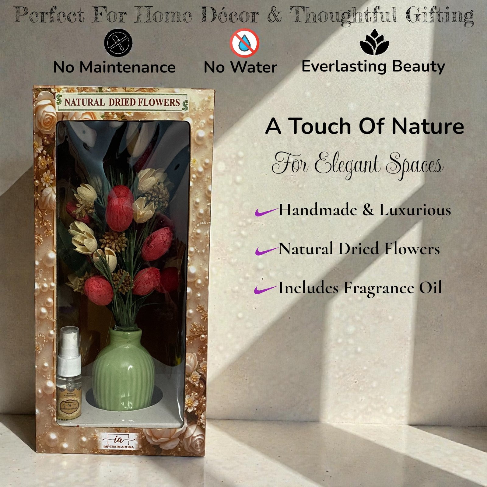 Imperium Aroma Handmade Natural Dried Flower Bouquet with Vase & 15 ml Arabian oud Fragrance Spray - Image 4