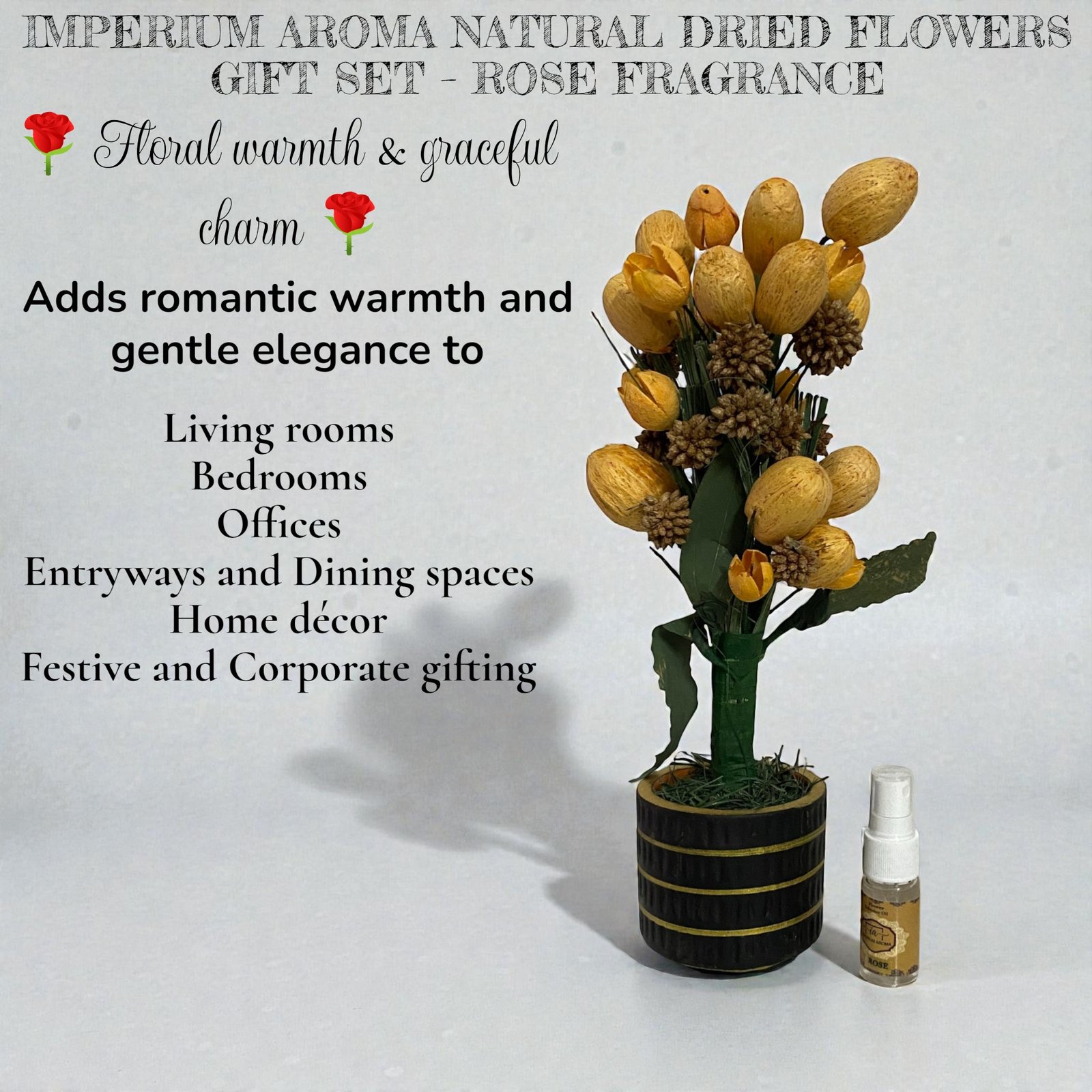 Imperium Aroma Handmade Natural Dried Flower Bouquet with Vase & 15 ml Rose Fragrance Spray - Image 2