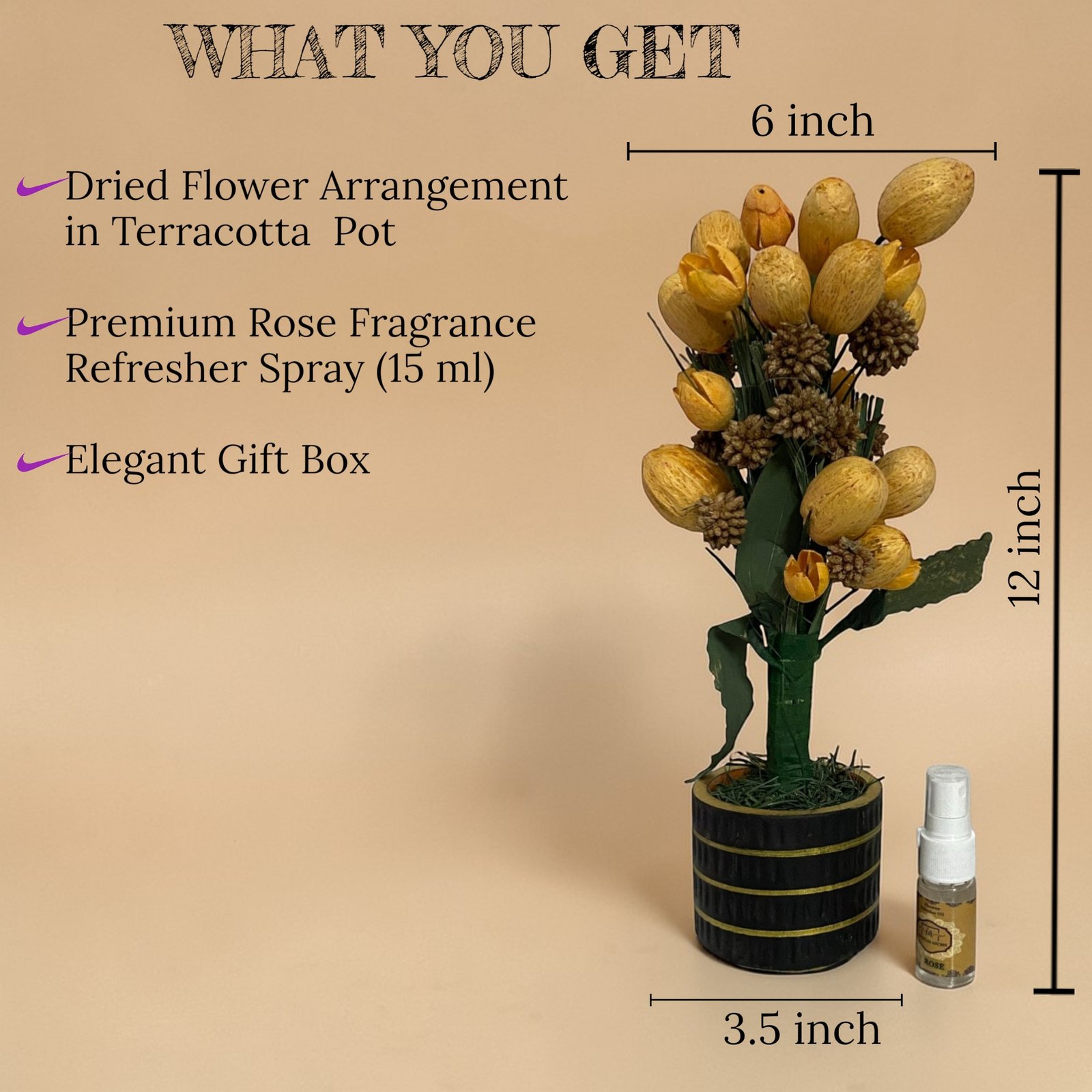 Imperium Aroma Handmade Natural Dried Flower Bouquet with Vase & 15 ml Rose Fragrance Spray - Image 3